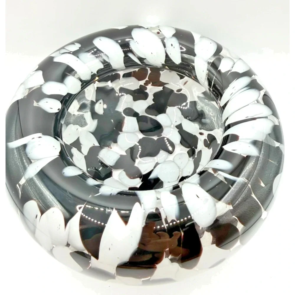 Hand Blown Glass Black & White Cased Bowl Vase